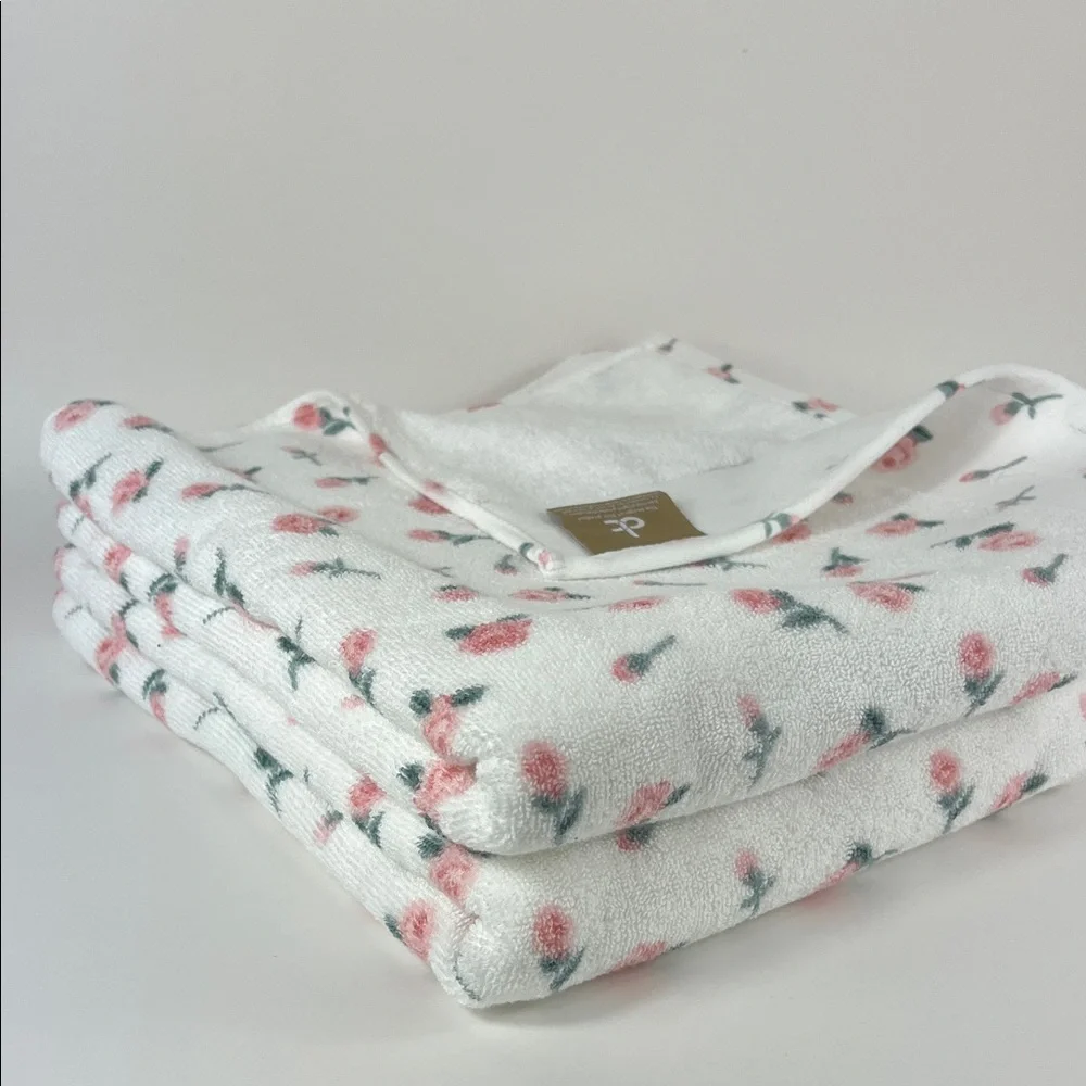 Deborah Connolly Bath Towels White with Pink Rose Floral Cotton Soft 2 Pc NEW